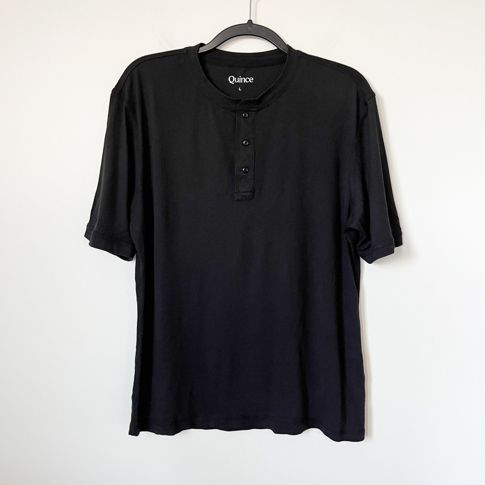 Quince Cotton Modal Short Sleeve Henley Shirt Mens Large Black